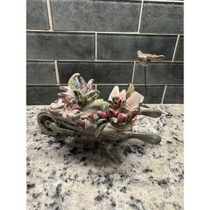 Vintage Blue Sky Heather Goldminc Wheelbarrow W Bird Tea Light Flower Holder
